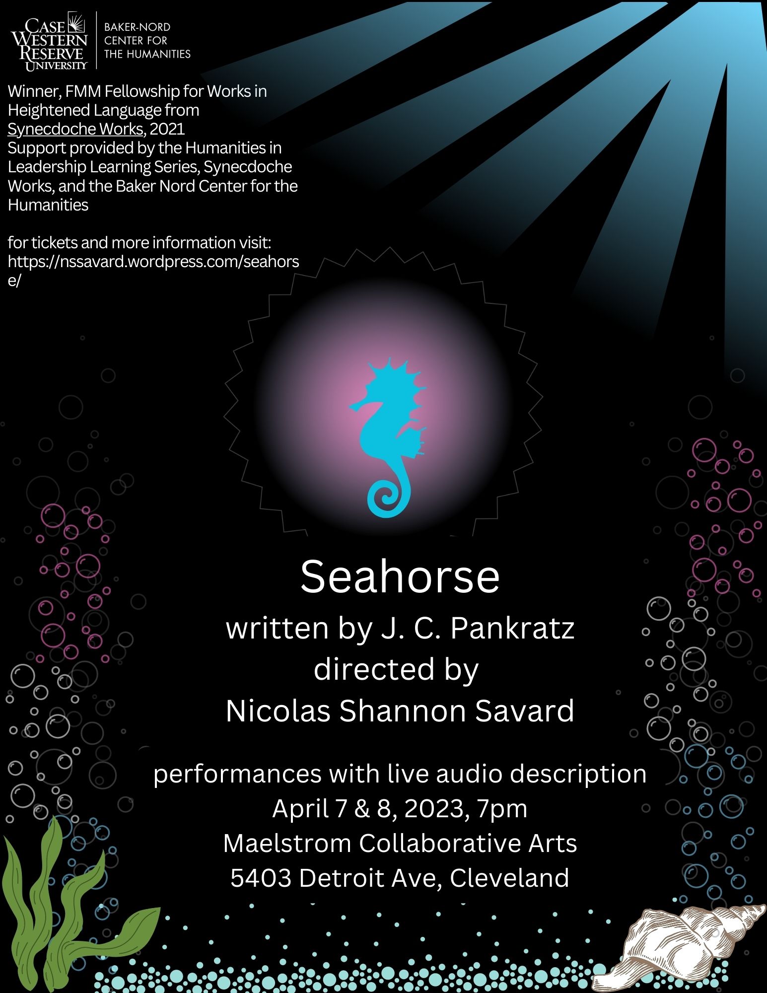 Poster image: glowing seahorse in surrounded by trans flag colored bubbles